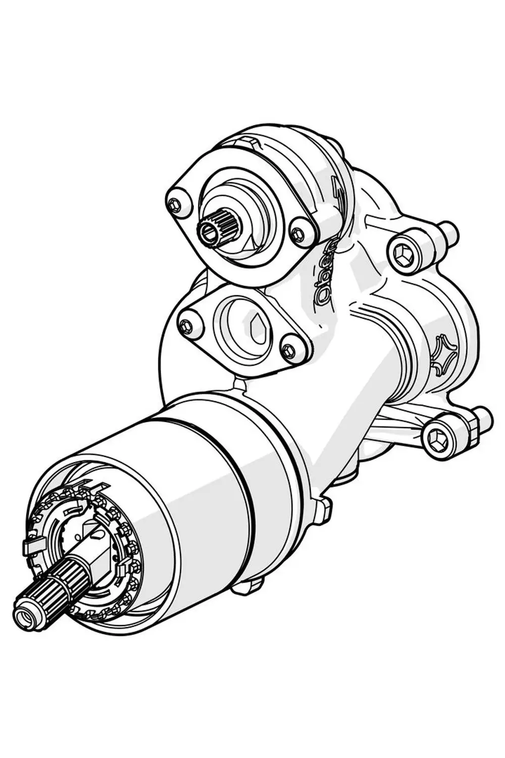 Zeichnung einer Funktionseinheit von HANSA mit zwei Anschlüssen und einem Motor. Die Bauweise weist typische Formen und Details auf, die für plumbing-related Anwendungen relevant sind.